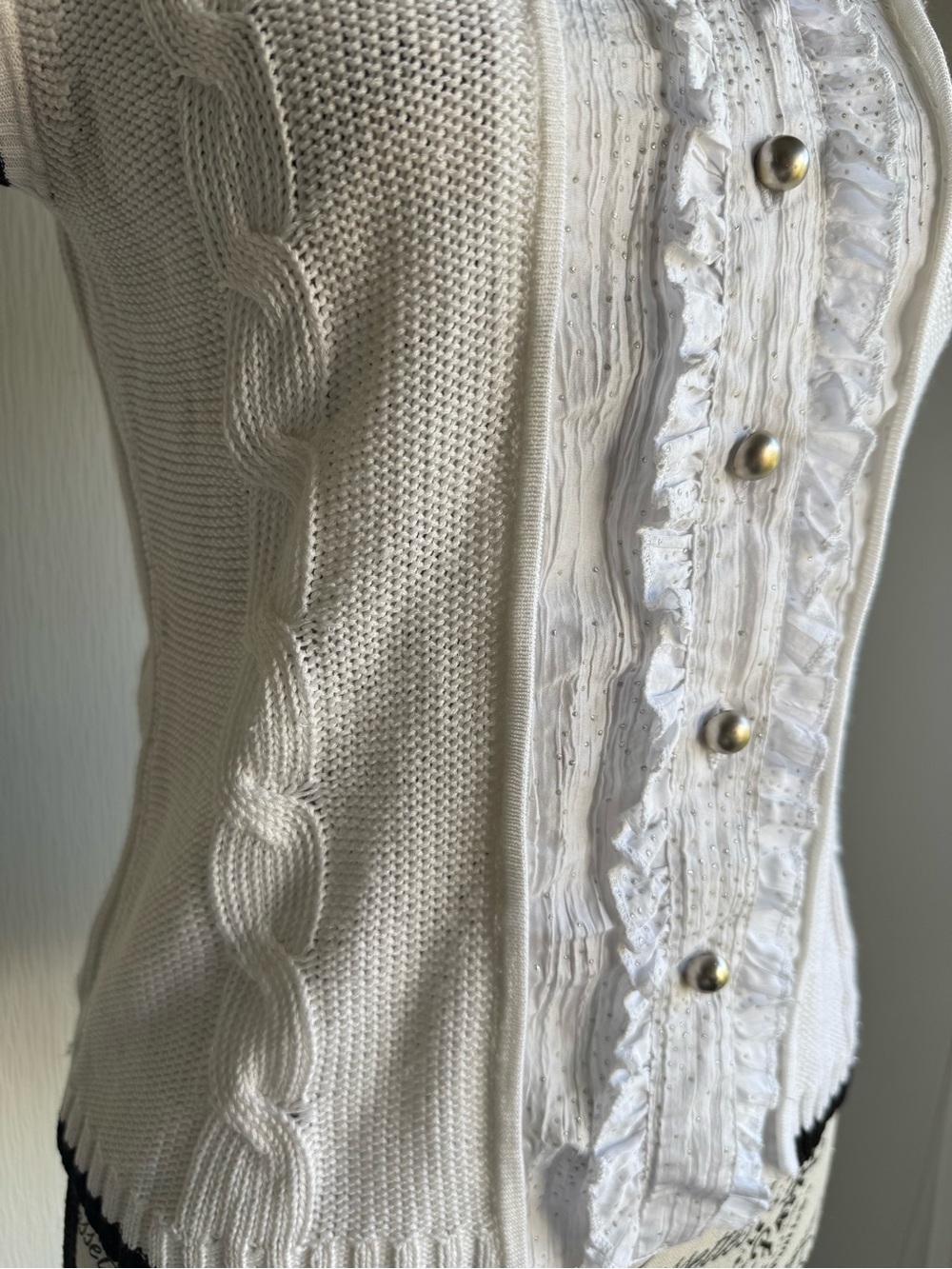 White Short-Sleeve Knit Button-Up Top with Ruffle Front - Picture 2 of 5